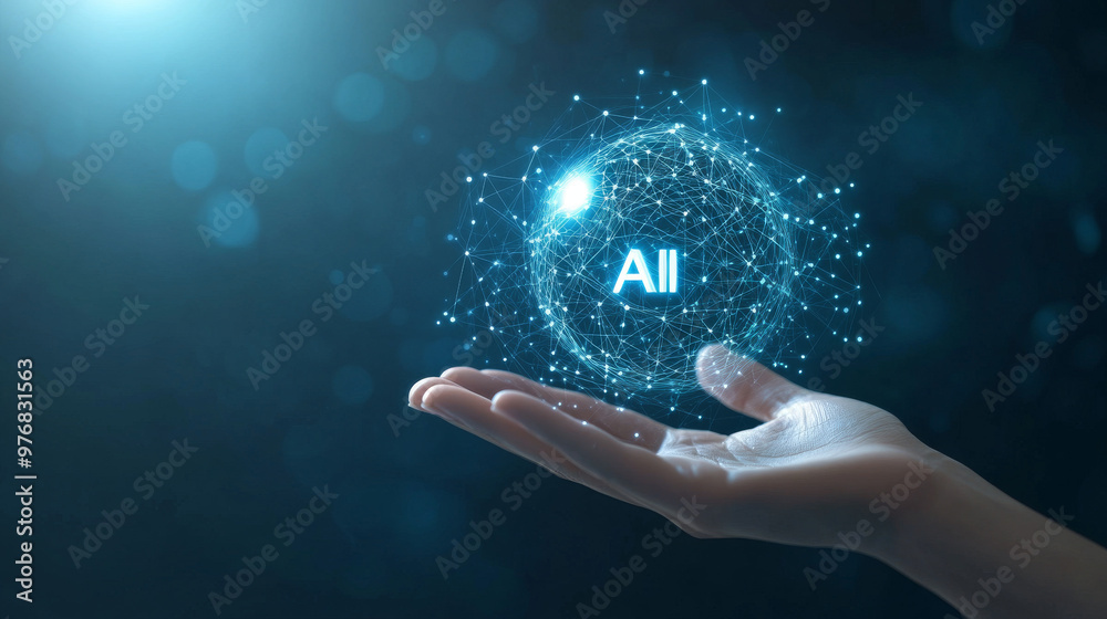Poster ai artificial intelligence logo held in a hand, representing artificial intelligence and machine lea