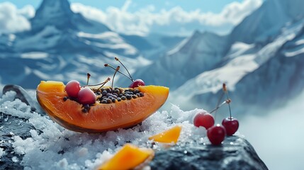 A piece of papaya with pitted cherries on a seat on a snowy mountain