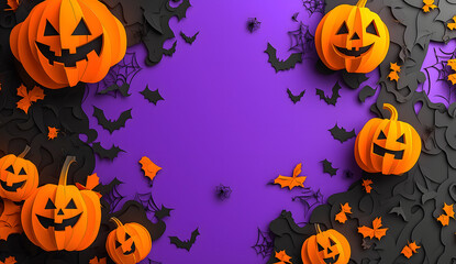 Halloween background with pumpkins, bats, and spider decorations on a purple and black frame, perfect for festive party invitations, banners, and seasonal holiday designs
