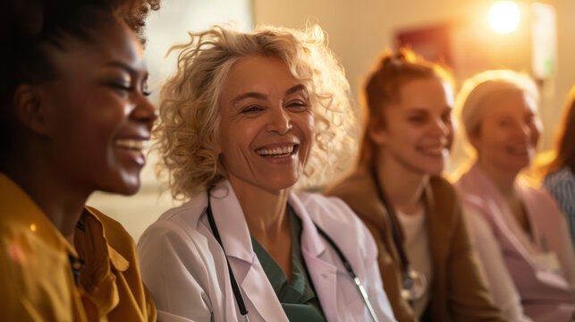 Group of healthcare professionals smiling during a meeting in a warm, well-lit setting