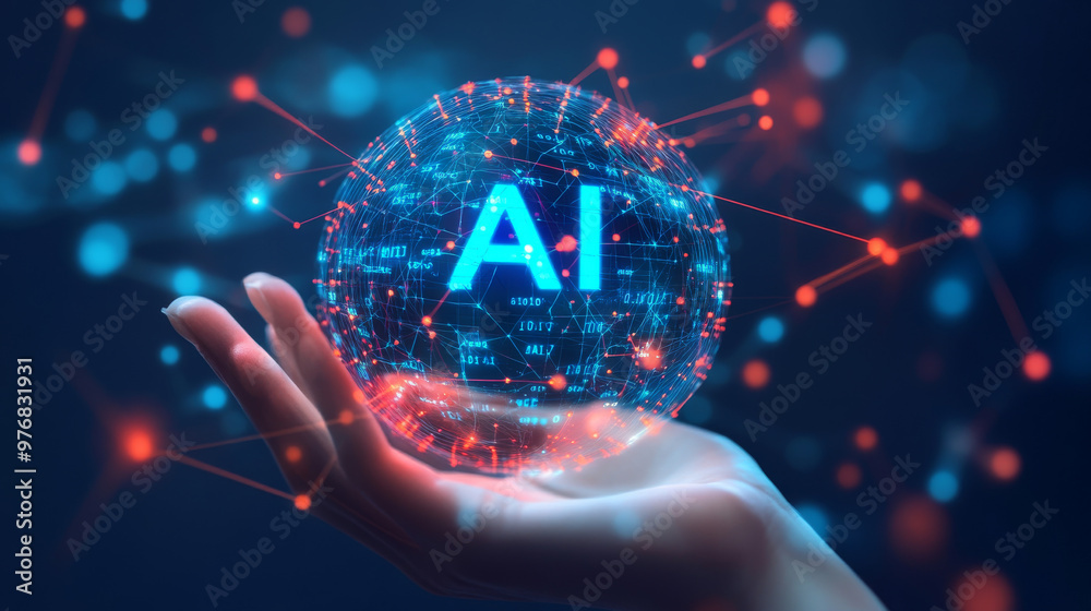 Poster ai artificial intelligence logo held in a hand, representing artificial intelligence and machine lea