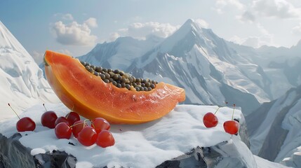 A piece of papaya with pitted cherries on a seat on a snowy mountain