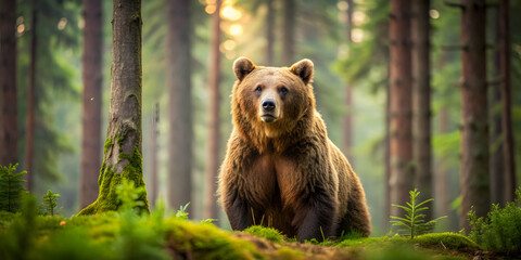 Obraz premium Lumberjack brown bear in forest setting, lumberjack, brown bear, forest, tree, wilderness, nature, wildlife, outdoor