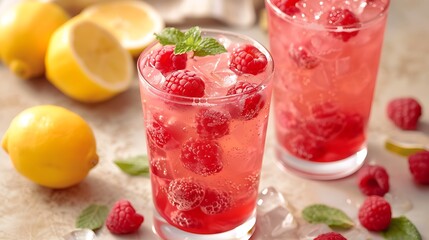 On a pale table amazingly delicious raspberry lemonade