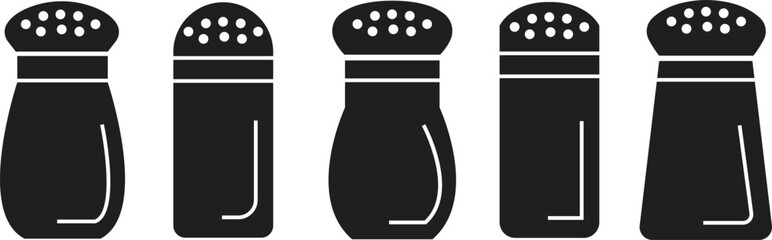 Set of salt shaker icons in flat styles. Baking and cooking ingredient. Food seasoning. Kitchen utensil vectors. salt heap, salting hand, chips, food without sodium isolated on transparent background.