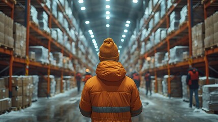 person wearing an orange winter jacket and beanie, standing in the middle of a large warehouse with high shelves stacked with boxes. The setting appears industrial, and the person is observing.