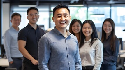 Obraz premium Smiling Man Stands Out in Front of a Group of Colleagues in an Office