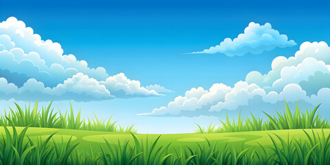 Obraz premium Cartoon summer landscape with green grass, blue sky, and fluffy clouds , Summer, fields, hills, landscape, grass, blue sky