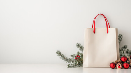 White paper shopping bag, Christmas decor next to it, white background, empty space for text.