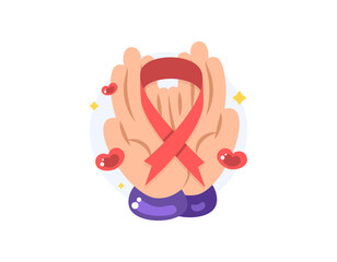 Obraz premium World AIDS Day concept. day to raise awareness about HIV and AIDS. illustration of red ribbon in palm with heart symbol. care and health. commemoration or event. flat style design. element