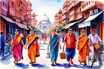 Vibrant Watercolor Portrait of Indian Urban Culture and Daily Life