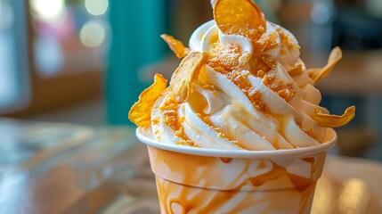 On a peach platter soft serve with flap chips and bubble milk on top