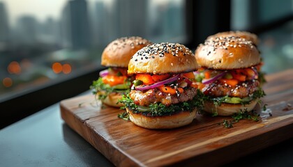 A plate of fusion Korean BBQ sliders with pickled vegetables and spicy mayo, served on a wooden slab, trendy rooftop bar with urban skyline in the background, minimalistic style, r