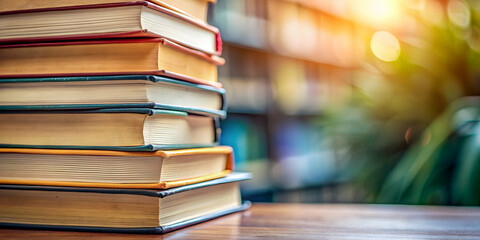 Fototapeta premium Close-up photo of a stack of books , education, reading, learning, knowledge, literature, library, school, study, textbooks