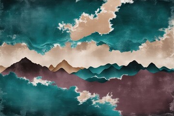 Surreal Panorama Design in Teal, Beige, and Mauve with Soft Light and Distressed Fabric Texture