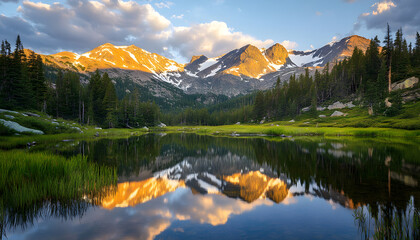 Fototapeta premium Nature Bliss: A serene mountain landscape with a lake reflecting the snowy peaks at sunrise