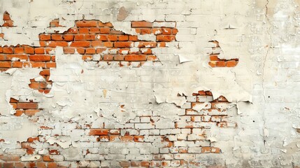 Obraz premium Weathered brick wall, peeling paint exposes layers beneath, rich in texture, evoking a sense of history and character, perfect for artistic or urban-themed projects.