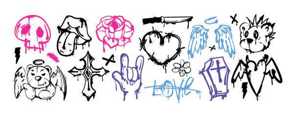 Spray paint graffiti element set. Street art of ink bear face, heart barbed wire, open mouth with tongue, religious cross, skull icon, pink rose flower. Grunge stickers, hand gesture, urban lettering © redgreystock