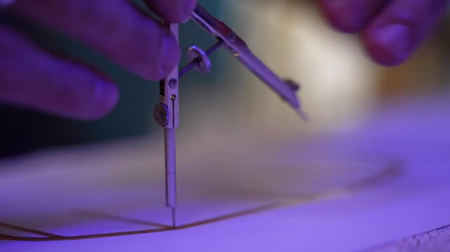 Close up of a man adjusting a compass and measuring points on a technical drawing with the compass while making marks on the drawing with a pencil at the allocated points that the compass has measured