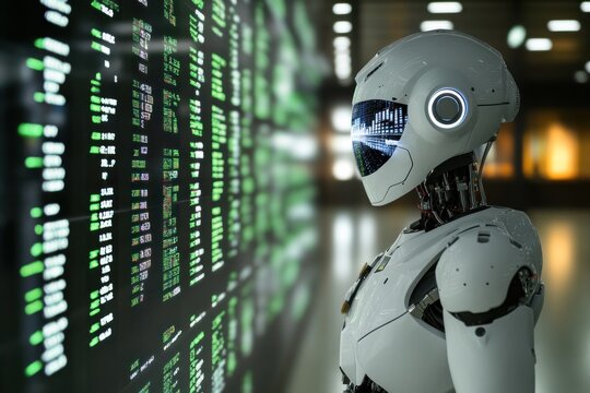 White humanoid robot observing a screen displaying green data and numbers.