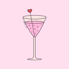 Cute cocktail glass with pink sparkling beverage and stick with heart. Abstract drink in line art style. Minimal girly design. Vector graphic