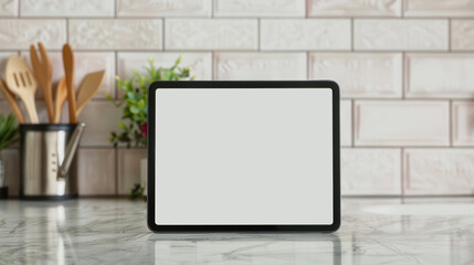 Empty tablet resting on a kitchen counter, showcasing a blank interface, symbolizing modern cooking technology and the potential for culinary creativity