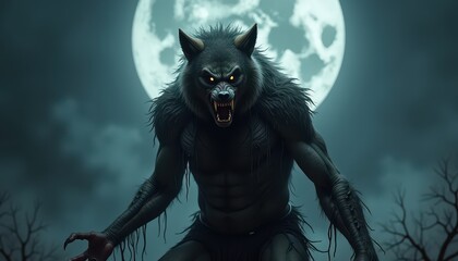 Dreadful Werewolf with Shredded Clothing and Snarling Face Under a Moonlit Sky Ready to Transform
