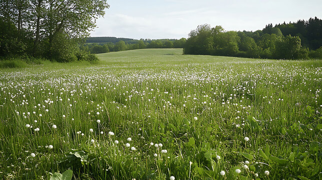 A scenic view of a wild field with edible plants such as wild garlic and chickweed growing naturally 