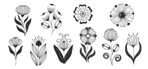 stylized flower on a stalk with leaves in black lines on a white background. SET
