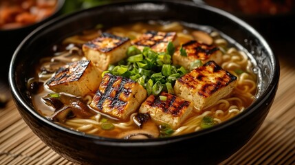 A bowl of fusion ramen with grilled tofu, mushrooms, and miso broth, set on a bamboo mat, cozy ramen bar with warm lighting and soft decor, peaceful style, 3D render, medium shot w