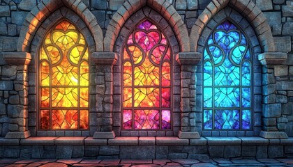Obraz premium Vibrant Stained Glass Windows on Symmetrical Stone Wall for Events