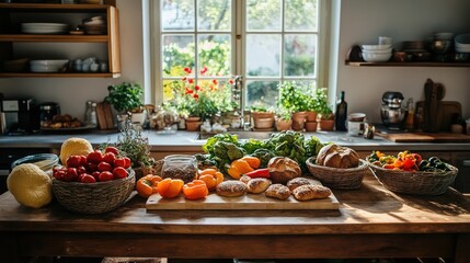 Fresh produce and bread on a kitchen counter, lit by the warm sunlight streaming in from a window.