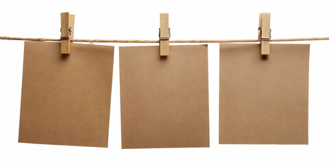 Three brown blank cards hanging from paper clips on a string, blank, cards, brown, paper clips, hanging