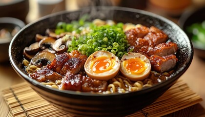 A bowl of fusion ramen with crispy pork belly and soft-boiled egg, resting on a bamboo mat, minimalist ramen shop with soft lighting and clean design, soft natural lighting, 3D ren