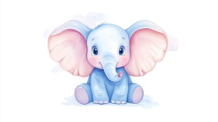 A cute elephant with a pink ear sits on a white background