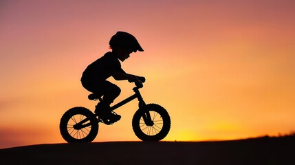 Obraz premium Boy practicing balance on a silhouette balance bike, focused on mastering stability and coordination, showcasing determination with a unique design for young riders.