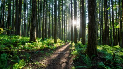 Obraz premium Bright Sunlit Clearing in Lush Forest, vibrant dappled light filtering through trees, creating a serene atmosphere, inviting exploration and connection with nature.