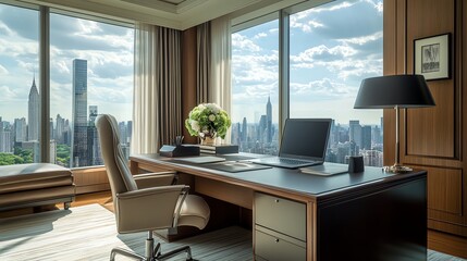 A modern office with a large window overlooking a city skyline.