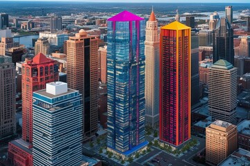 Obraz premium Cutting Edge Aerial Visualization of Colorful Skyscrapers in a Modern Urban Landscape