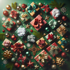 christmas gifts aligned on a green floor