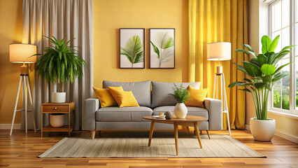 Plant on table and lamp in warm living room with yellow curtains posters and pillows on sofa, warm, living room, cozy, plant
