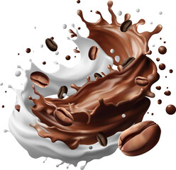 Milk coffee splash  in the middle isolated on background, Vector realistic in 3d illustration. Coffee beans. Realistic 3d seeds