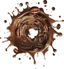 Milk coffee splash  in the middle isolated on background, Vector realistic in 3d illustration. Coffee beans. Realistic 3d seeds