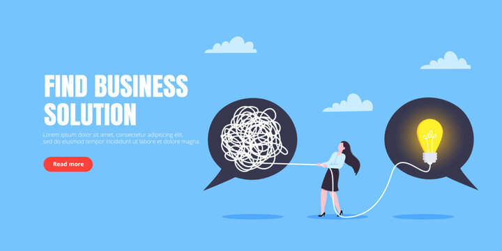 Unravel business chaos process with tangle difficult problem mess business concept flat style design vector illustration. Chaos to order, complex to simple metaphor with person trying solve mess cable