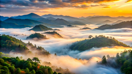 Fototapeta premium Thick morning fog surrounding misty mountains creating a serene scene, fog, morning, mist, mountains, serene, captivating