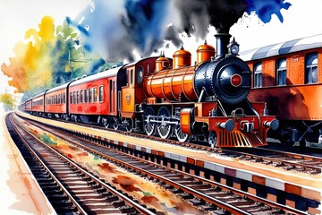 Colorful Watercolor Artwork Celebrating Indian Railway Heritage and Nostalgic Transportation History