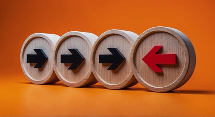 Four circular wooden blocks with arrows in a row on a bright orange background. symbolizing opposition or divergence, Resistance to change. Opposition and conflict in business.
