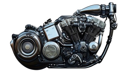 Fototapeta premium Motorcycle Engine Illustration Black and Chrome Detailed Isolated