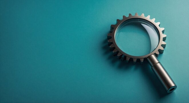 Magnifying glass with gear on a blue background representing SEO audit and analysis.
