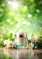 cream with flowers in foest mockup